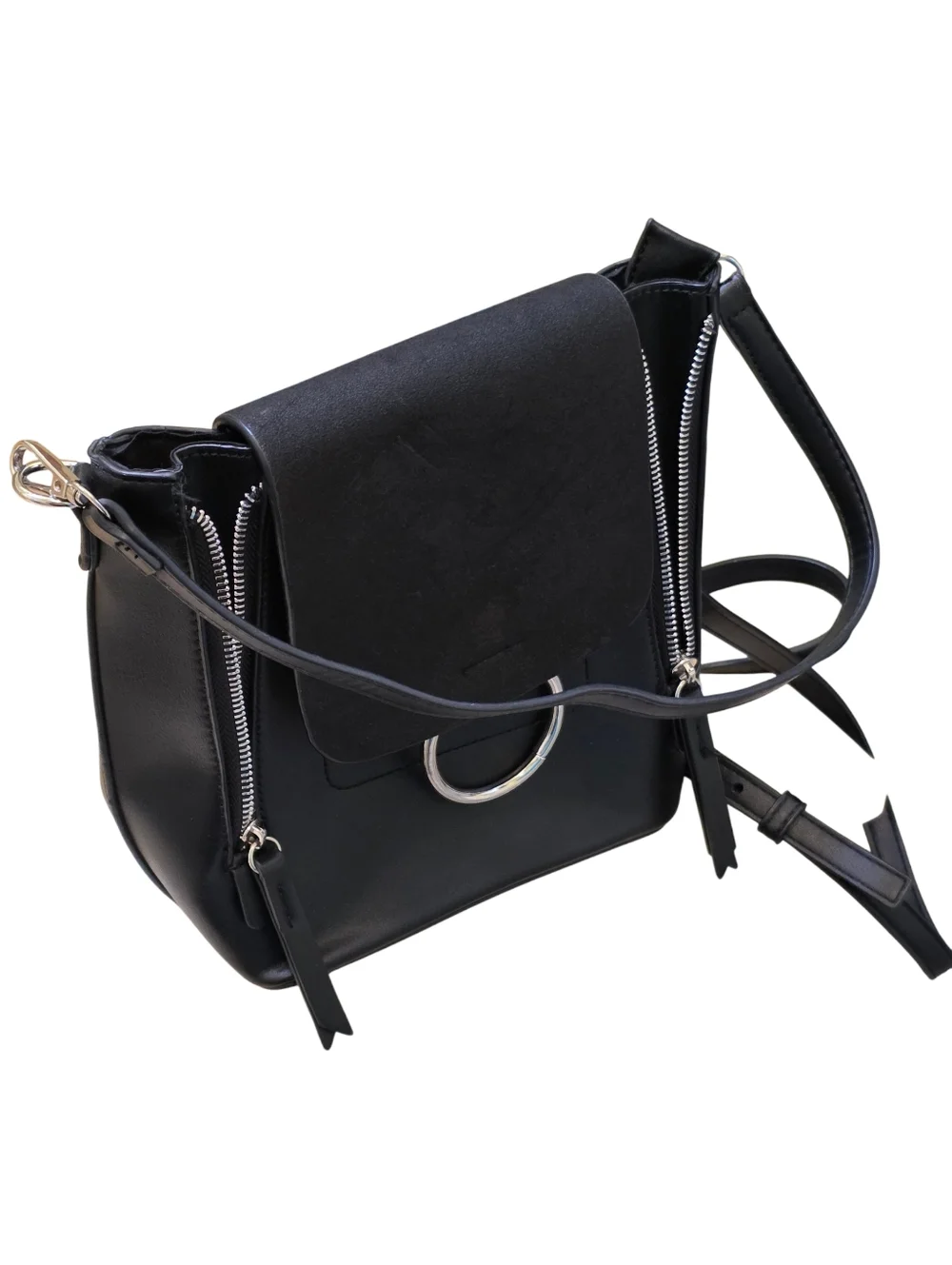 Lulus Faux Leather Black Convertible Mini Backpack Handbag Silver Tone Detail OS